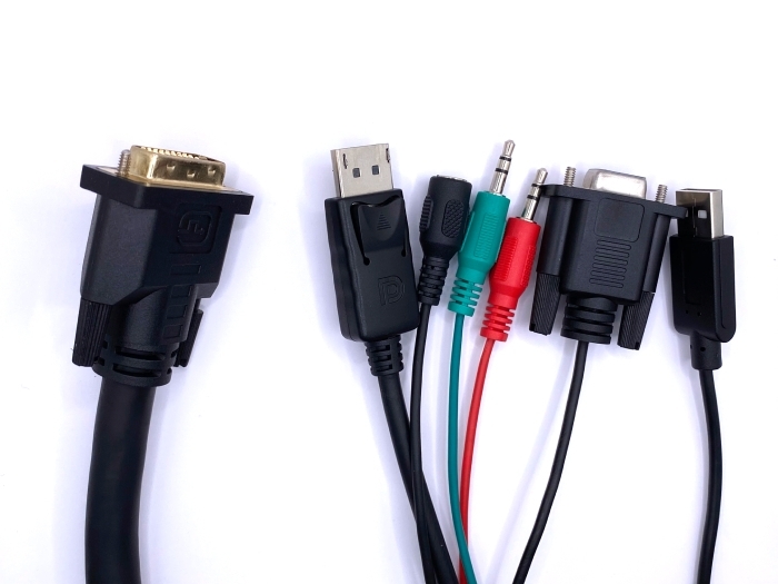 DVI 24+5 Pin M to DisplayPort M + DB 9 F + DC5525 Jack + 2x 3.5mm 3 Pin Plug + USB AM DVI 24+5 Pin M to DisplayPort M + DB 9 F + DC5525 Jack + 2x 3.5mm 3 Pin Plug + USB AM