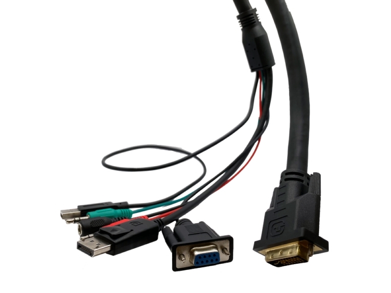 DVI 24+5 Pin M to DisplayPort M + DB 9 F + DC5525 Jack + 2x 3.5mm 3 Pin Plug + USB AM DVI 24+5 Pin M to DisplayPort M + DB 9 F + DC5525 Jack + 2x 3.5mm 3 Pin Plug + USB AM